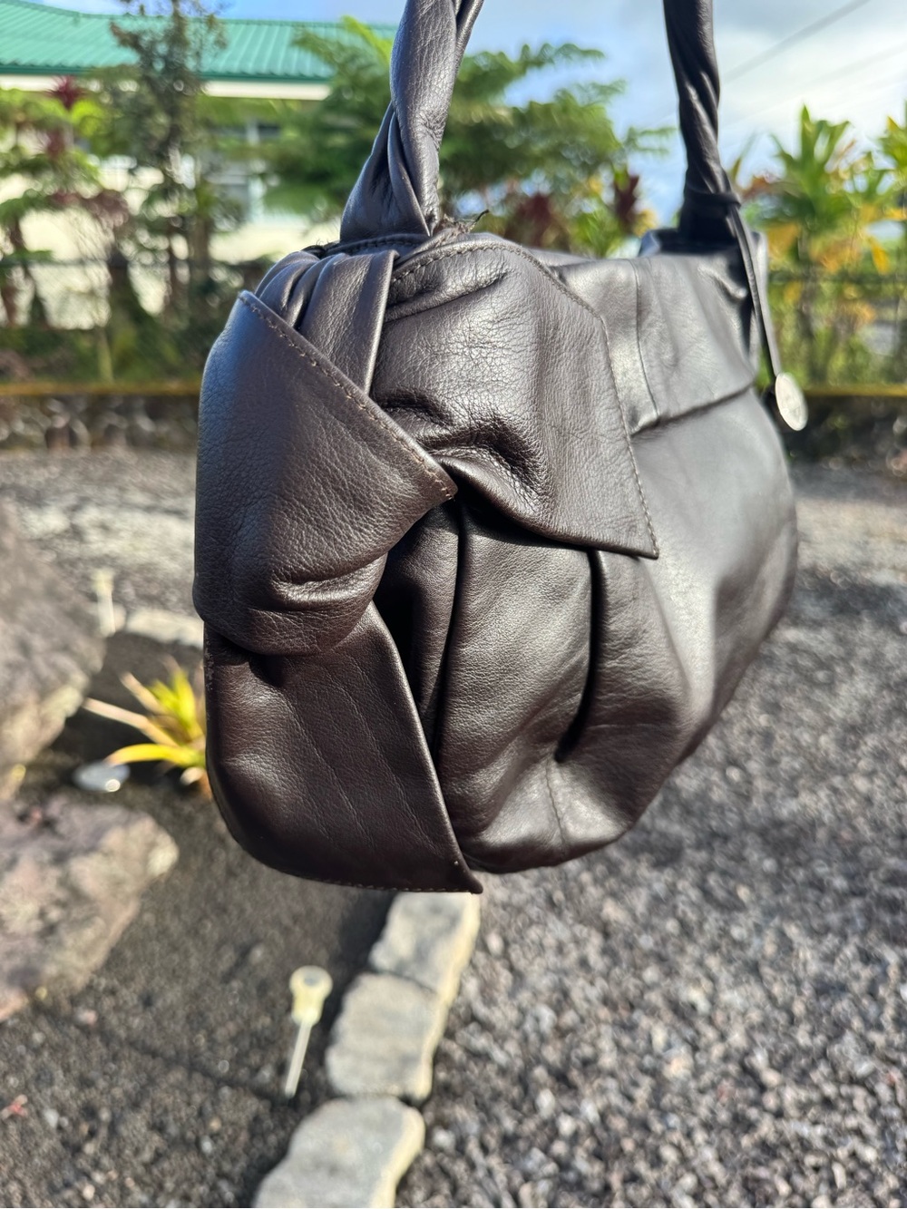 Furla Dark Brown Genuine Leather Twisted Handle Shoulder Bag Italy - Picture 6 of 10